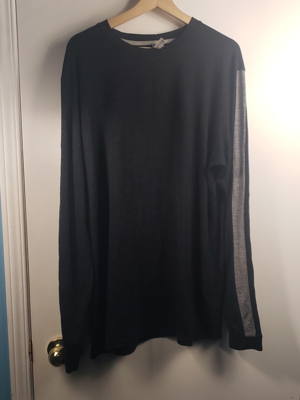 ibex Black Crewneck Sweater with Gray Sleeve Stripe XXL with Small hole